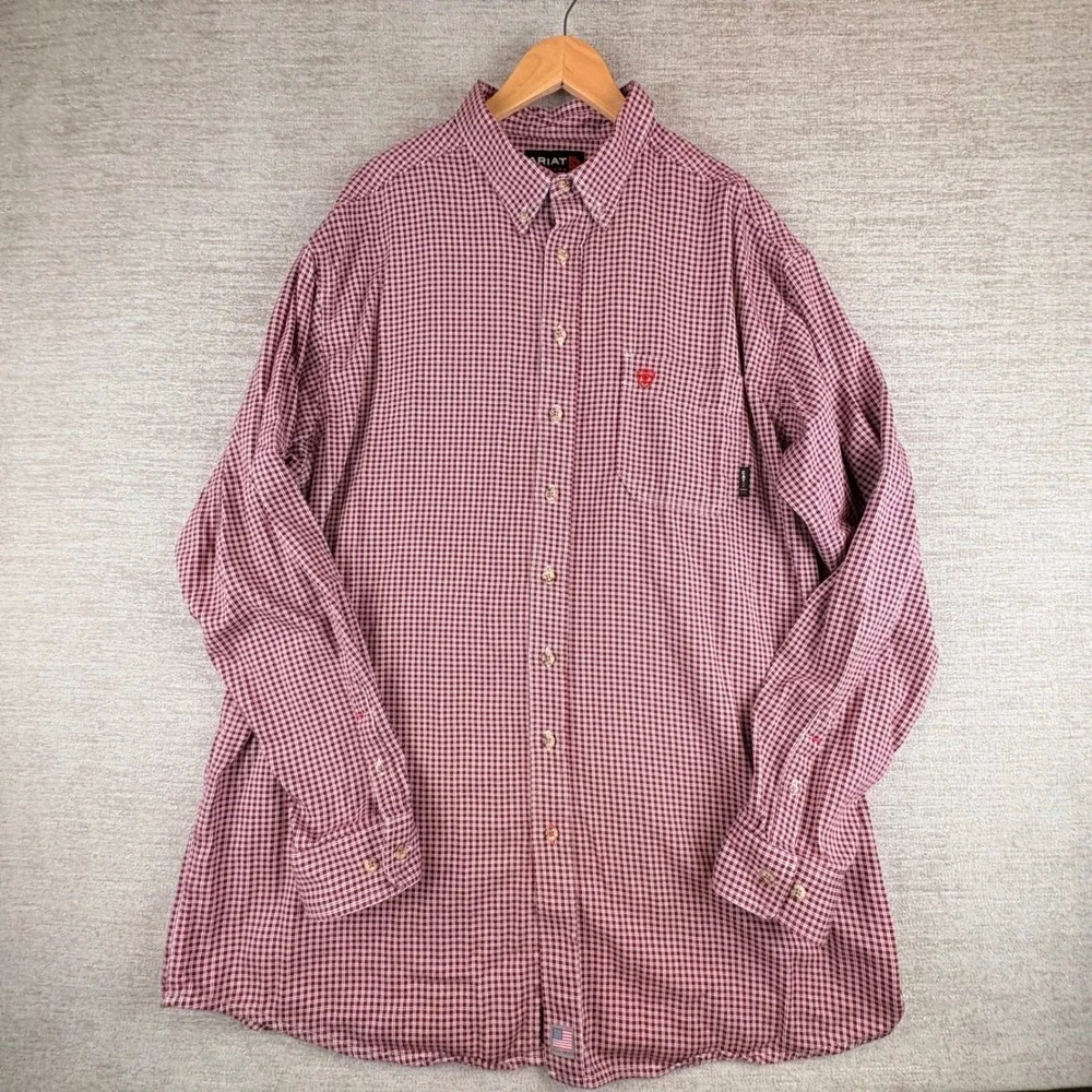 Ariat MNS FR WORK SHIRT Mens XXL-TALL Wine Red Plaid CAT EUC Western Rugged USA
